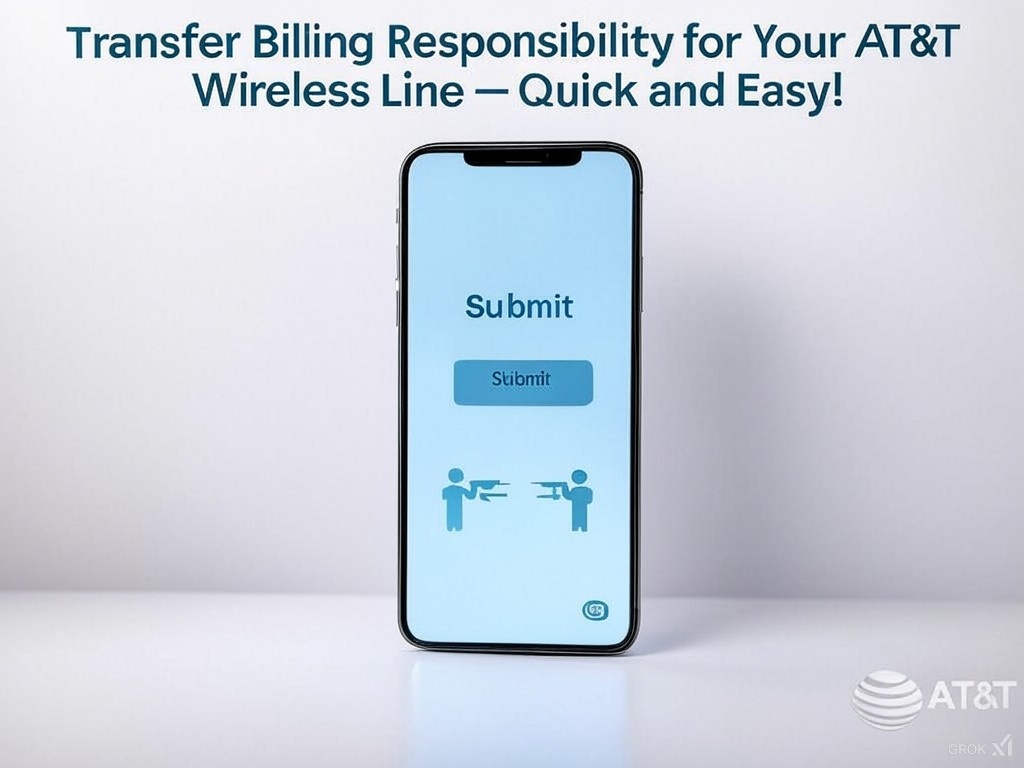 Smartphone displaying a 'Submit' button for transferring AT&T wireless billing responsibility, with icons illustrating the transfer process.