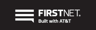 FirstNet logo, built with AT&T, featuring bold text and horizontal lines on a dark background.