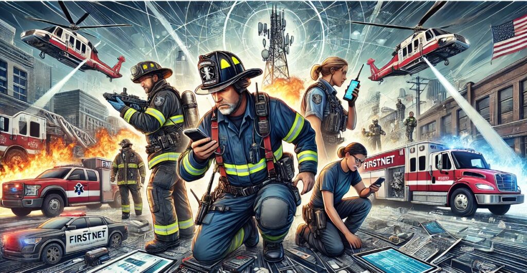 Diverse first responders using AT&T FirstNet services during an emergency in a city—featuring a firefighter, police officer, and EMS worker with purpose-built devices and communication towers in the background.