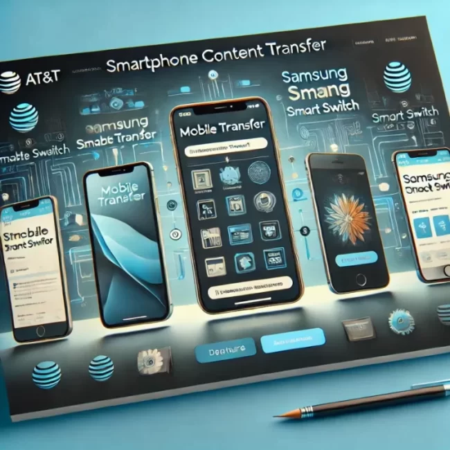 Smartphones displaying AT&T Mobile Transfer, Samsung Smart Switch, and Apple QuickStart apps for data transfer.