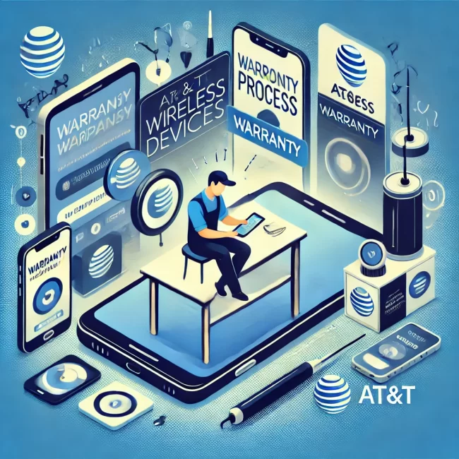 AT&T wireless devices under inspection for warranty service, featuring a technician at a service desk.