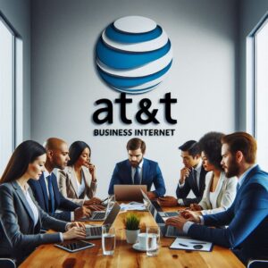 Business professionals discussing AT&T Dedicated Internet (ADI) solutions for high-speed and secure connectivity