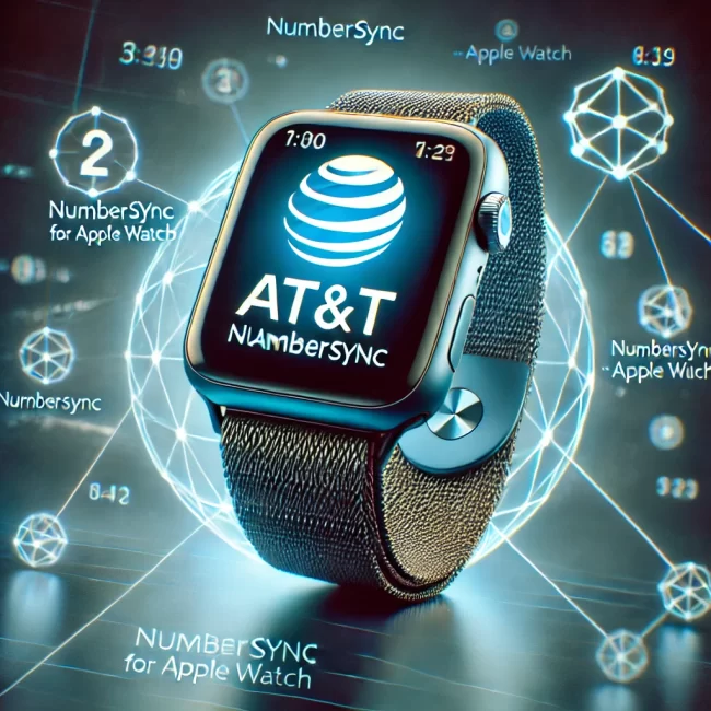 Apple Watch displaying AT&T NumberSync feature with digital connectivity background