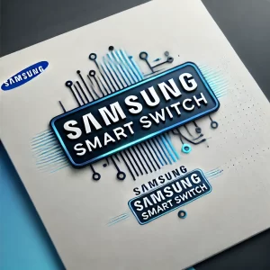 Logo for Samsung Smart Switch featuring futuristic blue and white design with digital connectivity motifs.