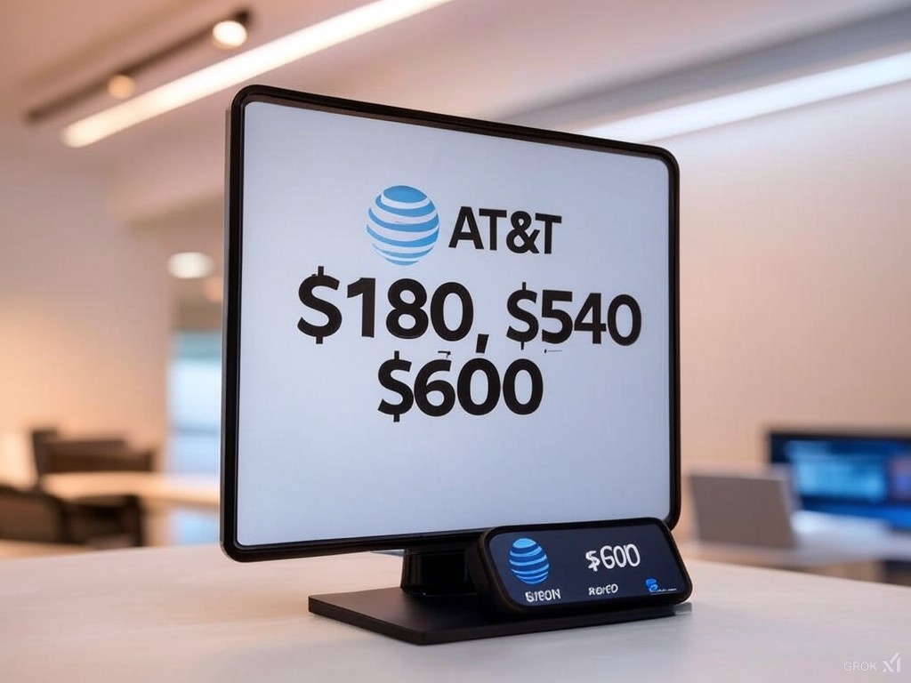 Digital display in an AT&T store showing promotional offers of $180, $540, and $600 off on business deals.