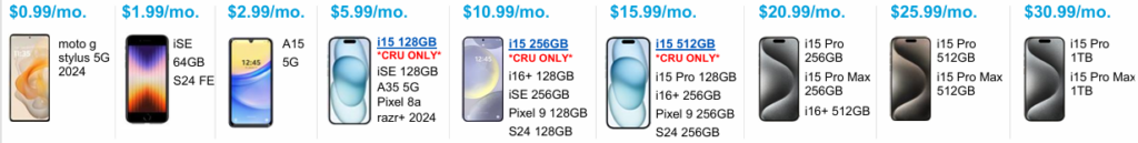 Smartphone offers chart showing various models with monthly payment plans.