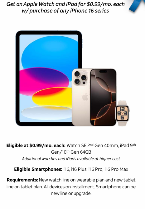 Special offer on Apple Watch and iPad for $0.99/mo each with the purchase of any iPhone 16 series. Includes eligible models such as Watch SE 2nd Gen and iPad 9th/10th Gen.