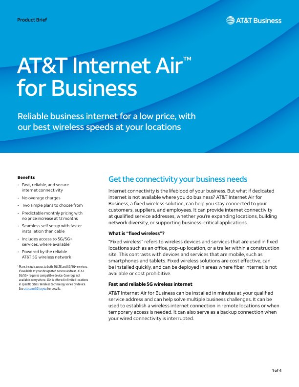 AT&T Internet Air for Business flyer showcasing fast, reliable, and secure internet connectivity options for businesses, including features like no overage charges and access to 5G services.