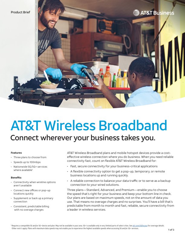 AT&T Wireless Broadband pricing brochure detailing three plans with speeds up to 100 Mbps and nationwide 5G services, tailored for businesses needing reliable connectivity.