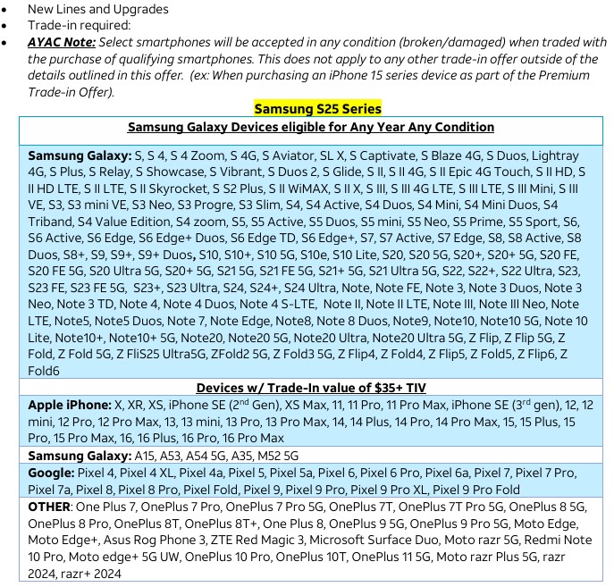 Image displaying options for AT&T business customers regarding new lines, upgrades, and trade-ins. The image includes details on eligible Samsung Galaxy S25 series devices for any year, any condition trade-in, and other devices with a trade-in value of $35+ TIV.