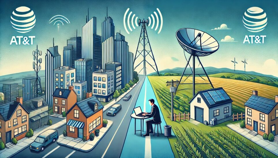 Contrasting settings of urban and rural internet solutions, depicting AT&T Wireless Broadband and Internet Air.