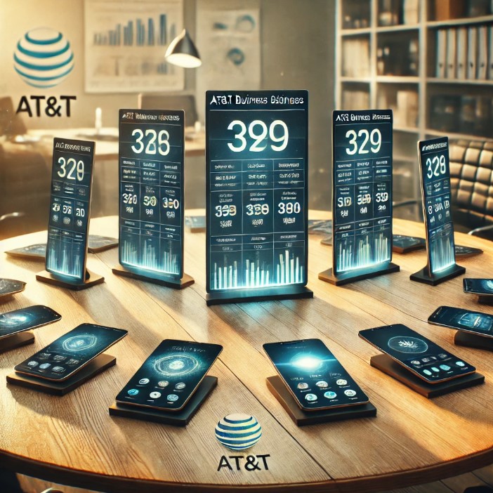 AT&T business devices on display with digital price tags in a modern office setting.