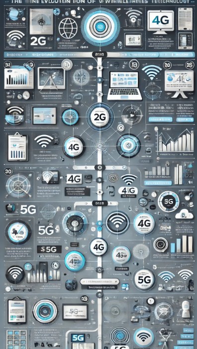 Infographic of wireless technology milestones featuring a timeline with icons and descriptions of key events like the first 4G network launch, mobile internet speed evolution, and major tech innovations, displayed in a modern design with blues and grays.