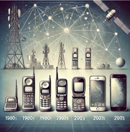 An illustration showing the evolution of wireless technology, starting with a bulky vintage mobile phone from the 1980s, moving through flip phones of the 2000s, and ending with a sleek modern smartphone. The background features cell towers, satellites, and digital network symbols, creating a dynamic and futuristic theme.