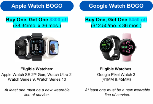 AT&T business comparison of Apple Watch and Google Watch Buy One, Get One (BOGO) promotional offers, showing eligible models and monthly pricing details.