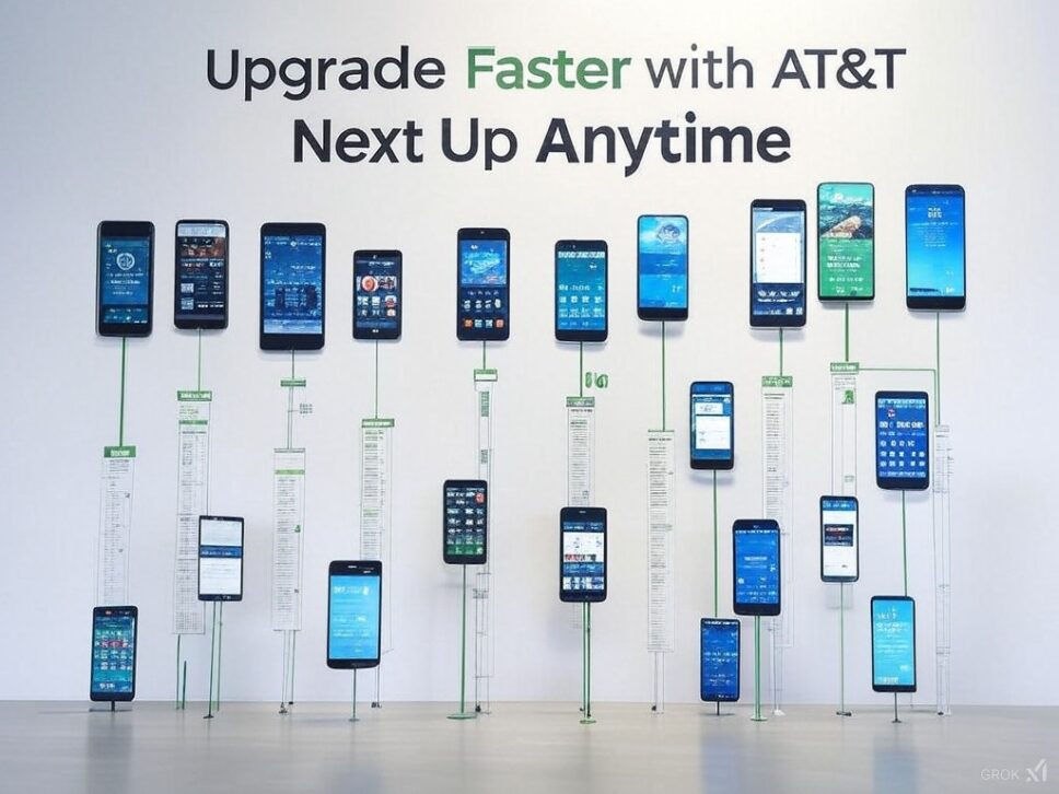 Display of multiple smartphones mounted on a wall, each showcasing different screens, illustrating the AT&T Next Up Anytime upgrade plan for business. The text above the phones reads 'Upgrade Faster with AT&T Next Up Anytime', emphasizing the quick upgrade options available with the plan.