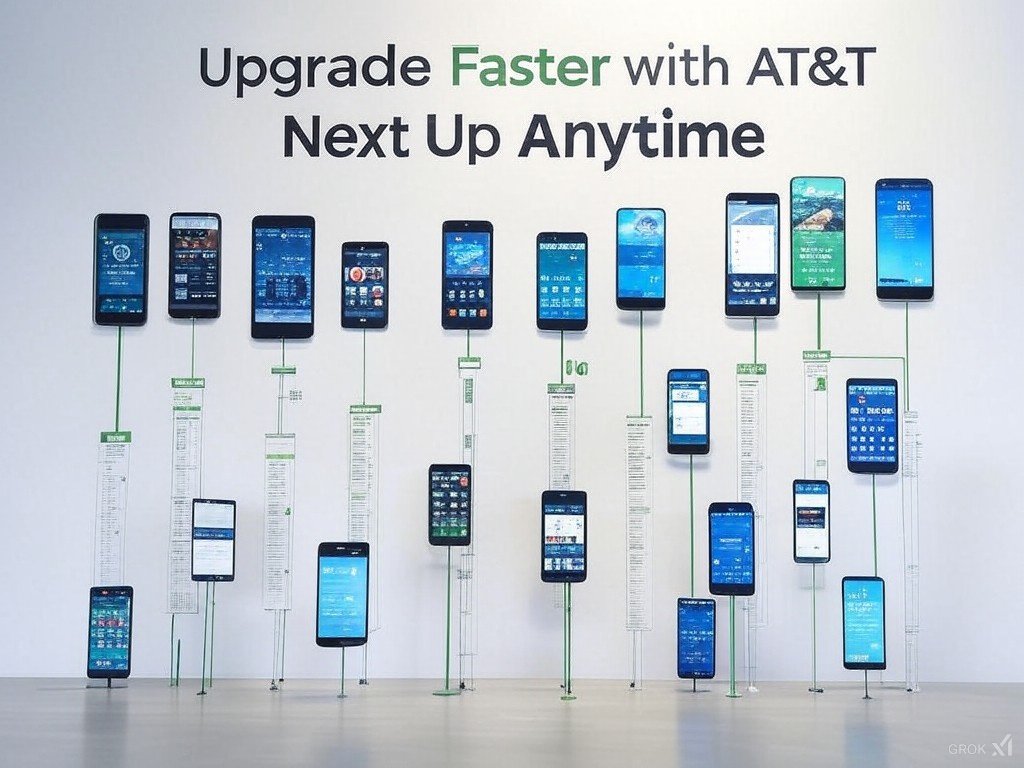 Display of multiple smartphones mounted on a wall, each showcasing different screens, illustrating the AT&T Next Up Anytime upgrade plan for business. The text above the phones reads 'Upgrade Faster with AT&T Next Up Anytime', emphasizing the quick upgrade options available with the plan.