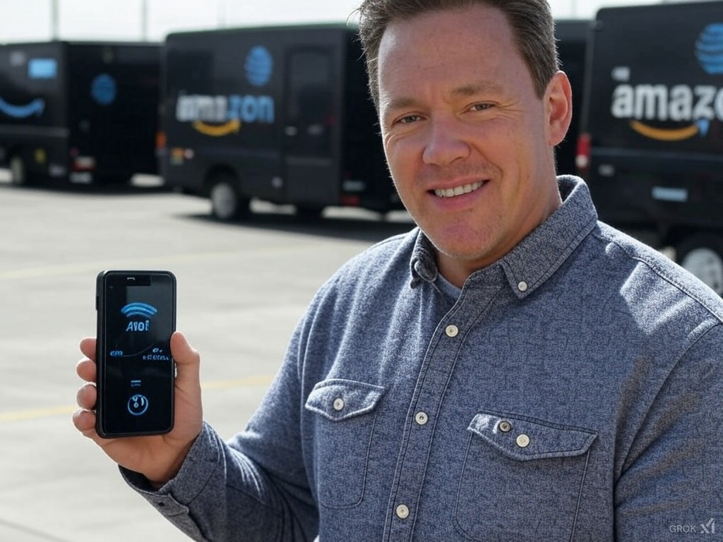 Person holding a smartphone displaying AT&T logo with Amazon delivery vans in the background.