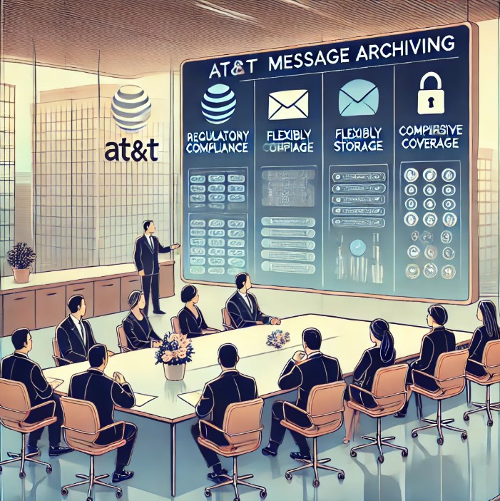 A modern office setting with a diverse group of professionals (Asian, African American, Hispanic) discussing AT&T Message Archiving. The large digital display highlights key features like 'Regulatory Compliance', 'Flexible Storage', and 'Comprehensive Coverage', with a prominent AT&T logo in the background.