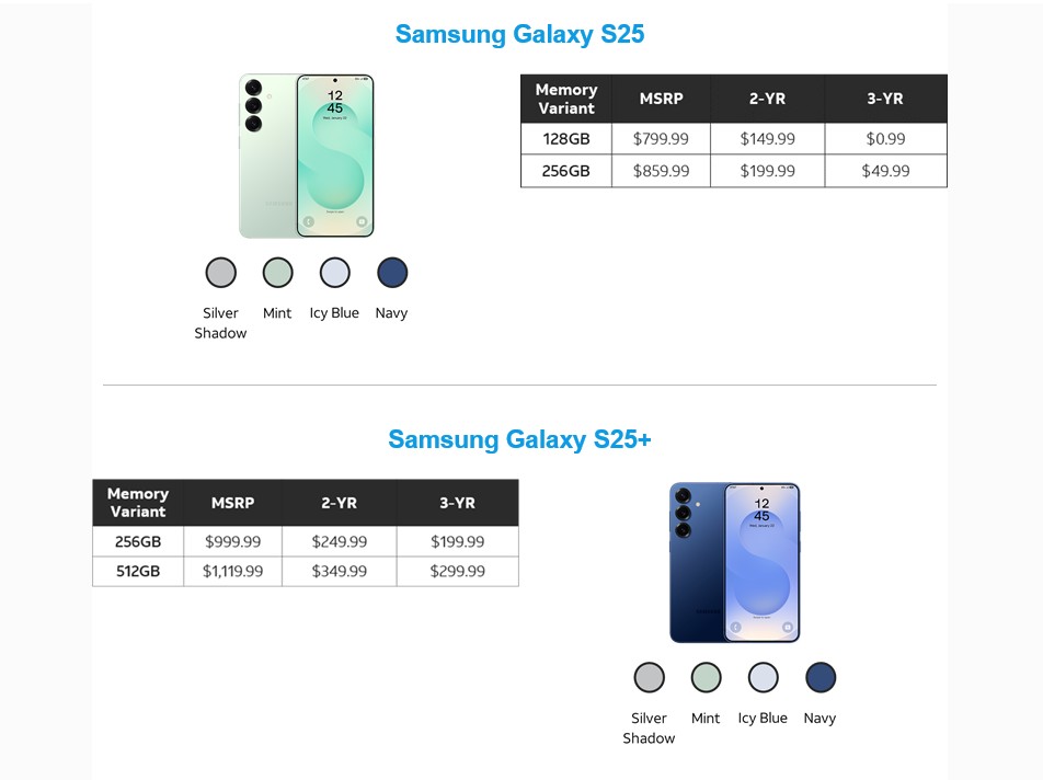 AT&T Business comparison chart showing Samsung Galaxy S25 and S25+ in various colors with price breakdowns for different memory variants and contract terms.