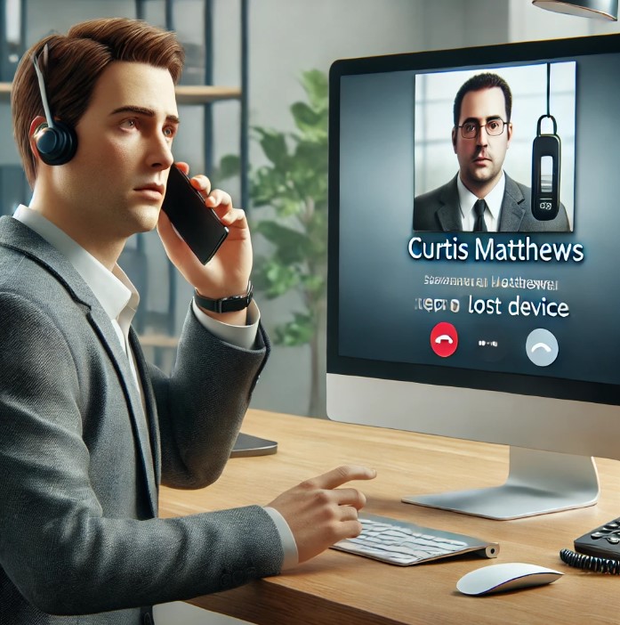 A concerned employee in a modern office setting speaks on the phone, reporting a lost device to Curtis Matthews, who is shown assisting via a video call on a computer screen. Matthews is depicted as a middle-aged Caucasian man with short brown hair, dressed in a business suit.