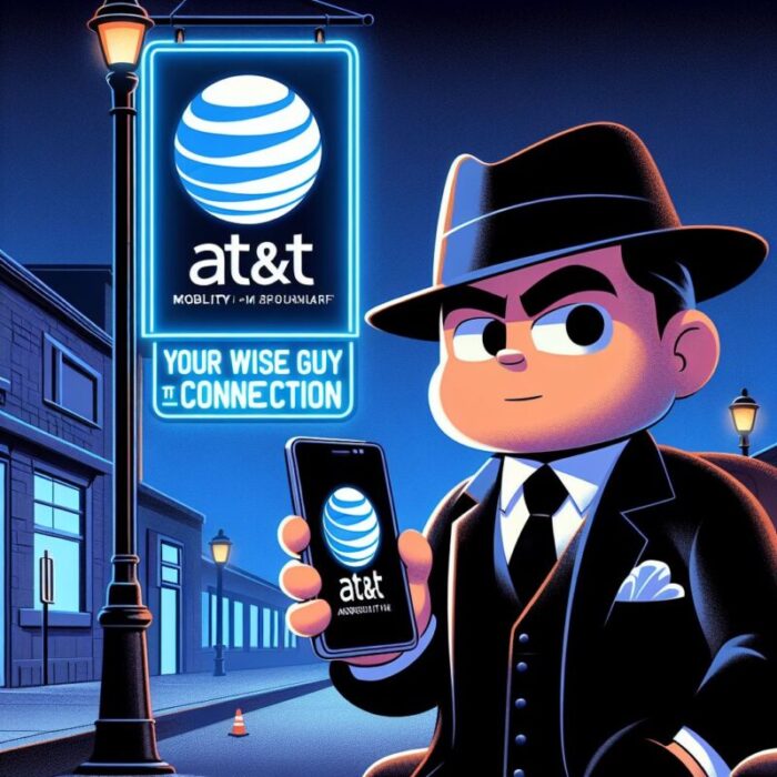 Animated character in a detective outfit holding a smartphone with the AT&T logo, standing under a streetlight next to an AT&T-branded sign in a stylized cityscape at night.