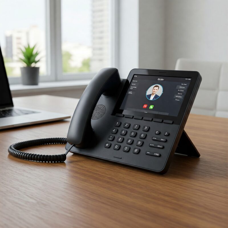 Modern VoIP phone with a clear digital display showing a video call interface, situated on a wooden desk next to a laptop in a well-lit office space.