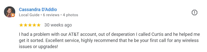 Five-star Google review by Cassandra D'Addio praising Curtis Matthews for resolving AT&T business wireless issues.