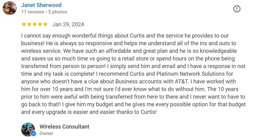 Image of a five-star Google review by Janet Sherwood dated January 29, 2024, praising Curtis Matthews for his exceptional service in managing AT&T business wireless accounts.