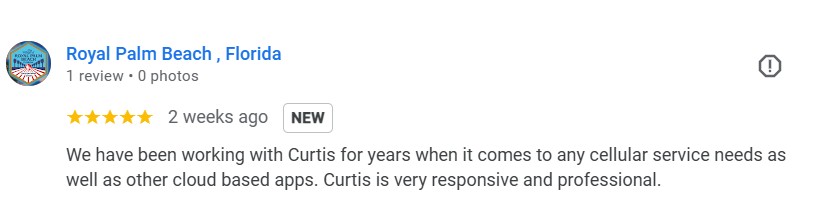 Five-star Google review from Royal Palm Beach, Florida, stating long-term satisfaction with Curtis Matthews' cellular and cloud-based app services.