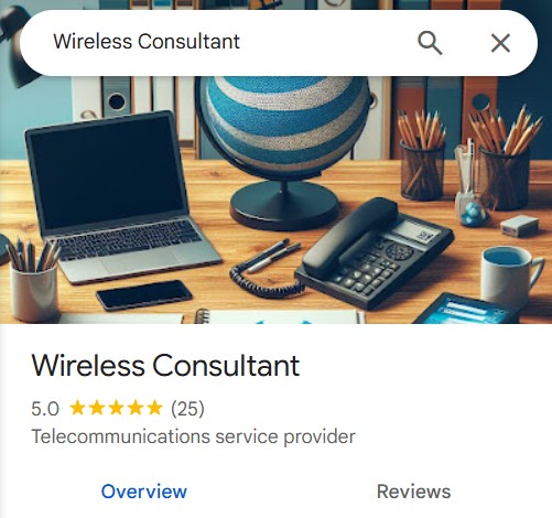 Screenshot of the Google Business Profile for Wireless Consultant, showing a perfect 5.0-star rating from 25 reviews on a desk-themed background with a laptop, globe, and telecommunications tools, emphasizing AT&T business solutions.