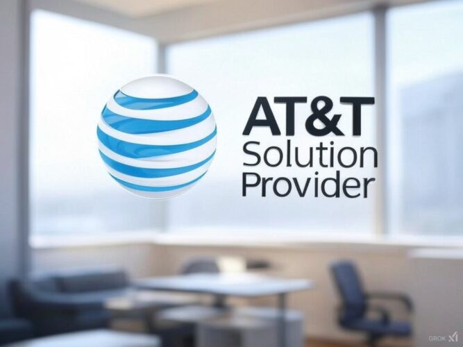 Floating AT&T logo in a modern office setting with 'AT&T Solution Provider' text on window.