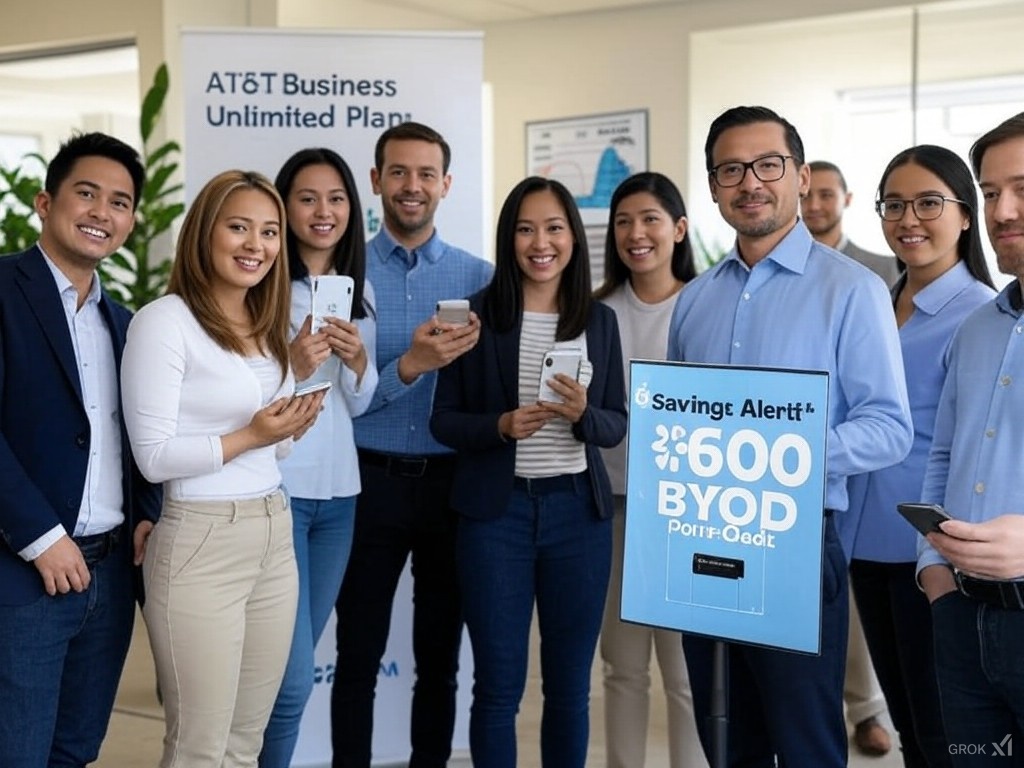 A group of business professionals holding smartphones, standing in front of a banner advertising AT&T Business Unlimited Plans. The banner prominently displays a 'Savings Alert! $600 BYOD Port-In Credit.' In the background, there's a sign detailing the AT&T Business Unlimited Plan offer. The image emphasizes the advantages of bringing your own device and porting in your number to save on business wireless costs.