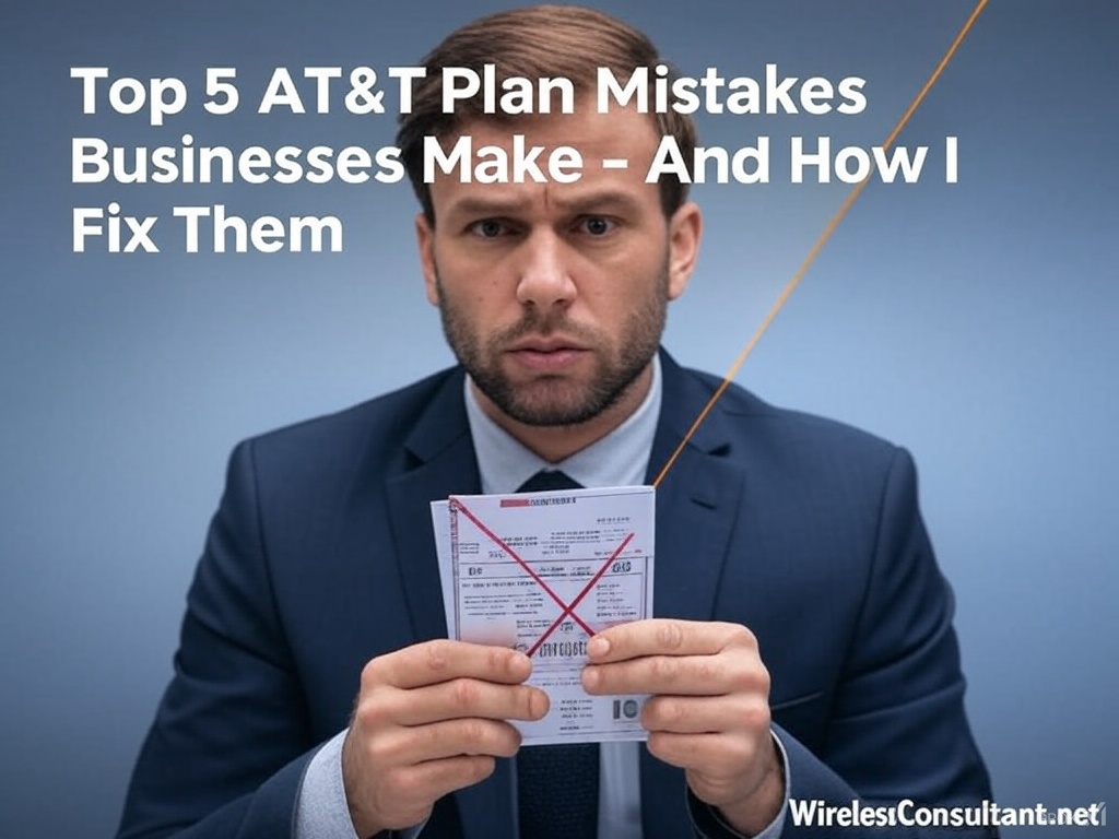 Businessman holding an AT&T bill marked with a red X, highlighting common AT&T plan mistakes made by businesses.