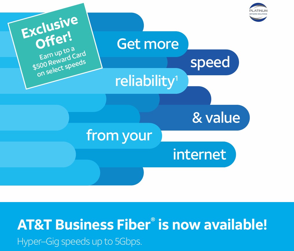 Get more speed, reliability, and value from your business internet with AT&T Business Fiber. Exclusive offer: Earn up to a $500 reward card on select speeds.