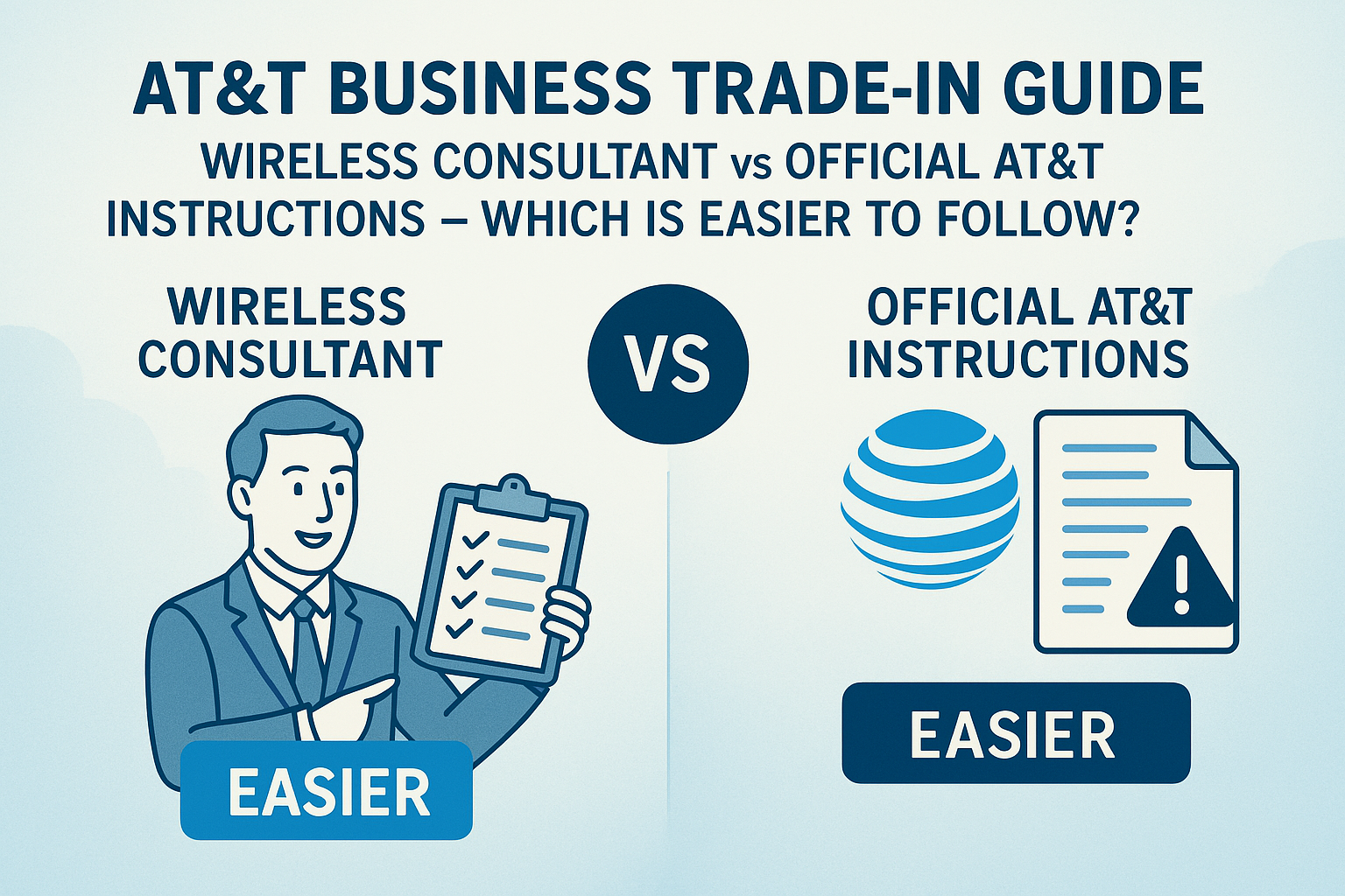 Illustration comparing AT&T Business Trade-In guides: a person holding a checklist labeled 'Wireless Consultant' on the left, and the AT&T logo with a document labeled 'Official AT&T Instructions' on the right. A 'VS' graphic is in the center, with the title 'AT&T Business Trade-In Guide: Wireless Consultant vs Official AT&T Instructions – Which Is Easier to Follow?' at the top.