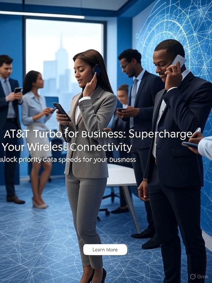 Professionals in a modern office using mobile devices with a digital network overlay, featuring text 'AT&T Turbo for Business: Supercharge Your Wireless Connectivity' and a 'Learn More' button.