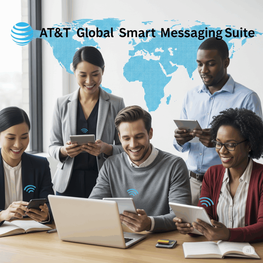 Diverse professionals collaborating with AT&T Global Smart Messaging Suite