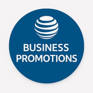 AT&T Business Promotions badge – blue circle with AT&T globe logo and bold white text