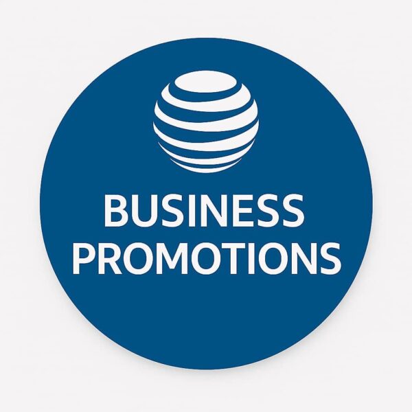 AT&T Business Promotions badge – blue circle with AT&T globe logo and bold white text