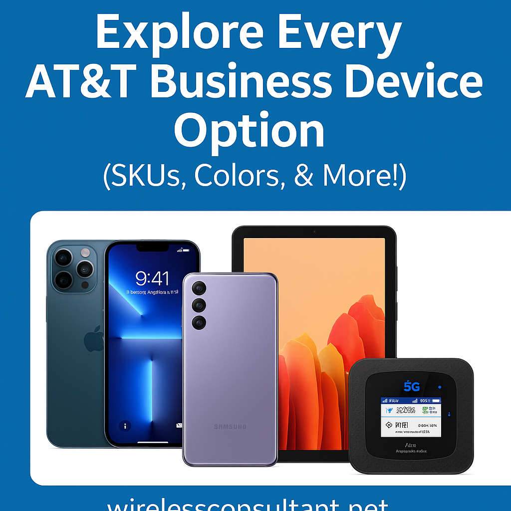 AT&T business devices including iPhones, Samsung Galaxy phones, tablets, and 5G hotspots with detailed SKUs and specs at WirelessConsultant.net