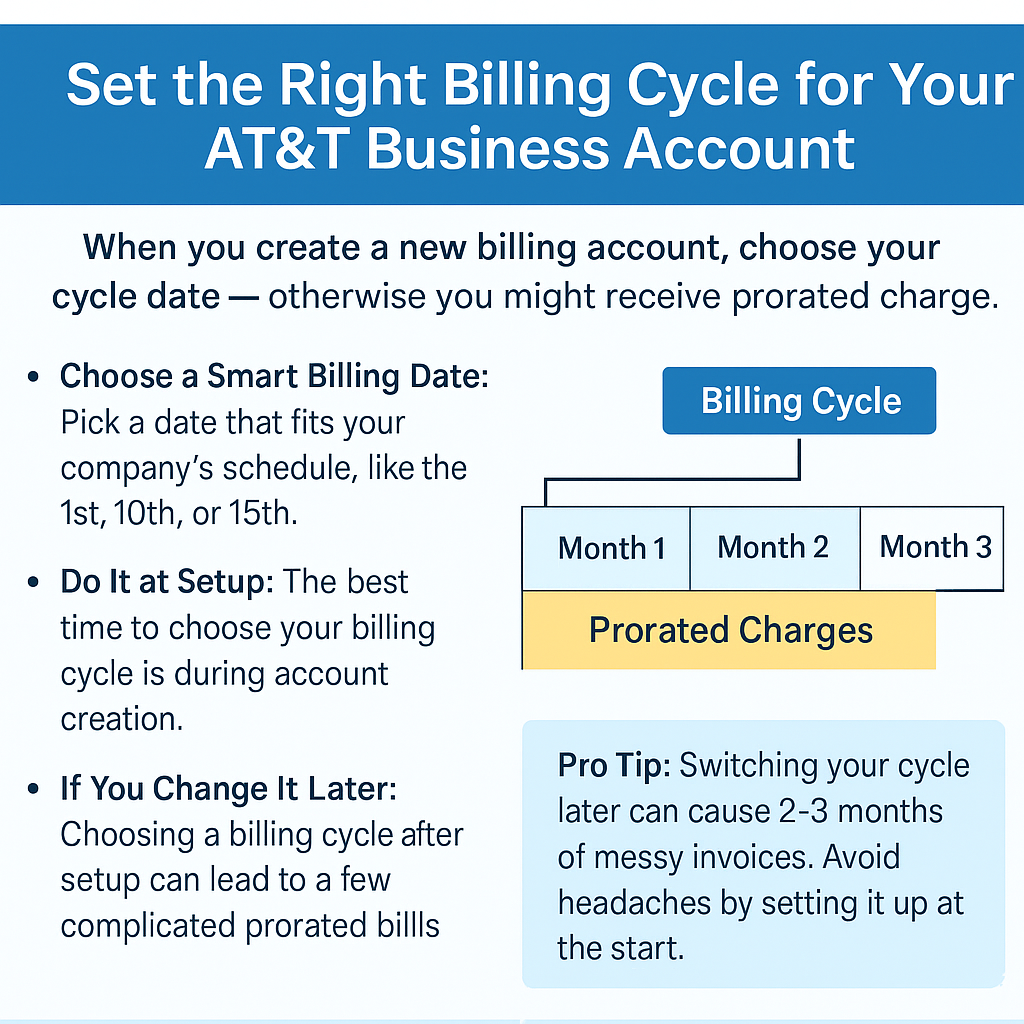 Billing Cycle Setup for AT&T Accounts Set the right AT&T business billing cycle during account setup to avoid prorated charges and messy invoices.