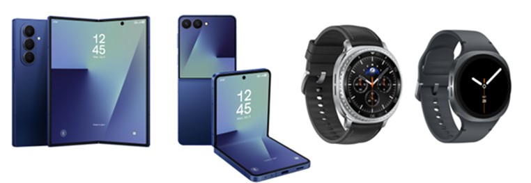 Four new Samsung Galaxy devices: two foldable smartphones (Z Fold7 and Z Flip7) and two smartwatches (Watch8 Classic and Watch8), displayed side by side.