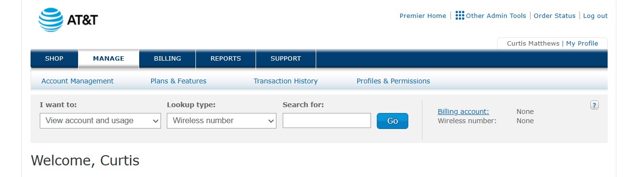 AT&T Premier dashboard showing account management, billing, and support tabs for business users