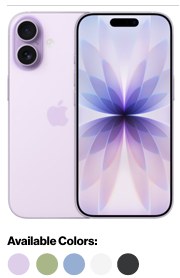 Apple iPhone 17 Apple iPhone 17 front and back in purple with color options
