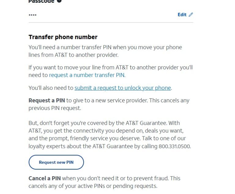 Screenshot showing the 'Request new PIN' option in the AT&T MYATT business portal. This step guides business customers to initiate the process of generating a Number Transfer PIN for transferring their wireless number to another provider.