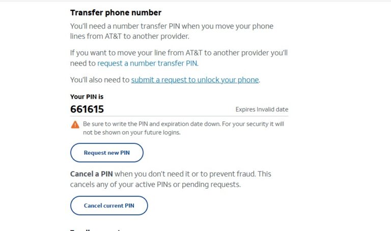 Screenshot displaying the Number Transfer PIN on the MYATT portal, which is required to authorize porting a phone number out of an AT&T business account. This secure PIN protects against unauthorized number transfers and is necessary for completing the transfer process.