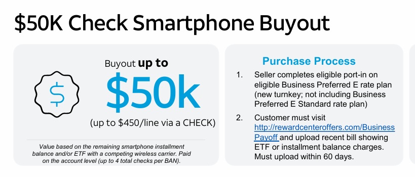 AT&T Business Preferred E switcher buyout offer up to $50,000 with up to $450 per line via check