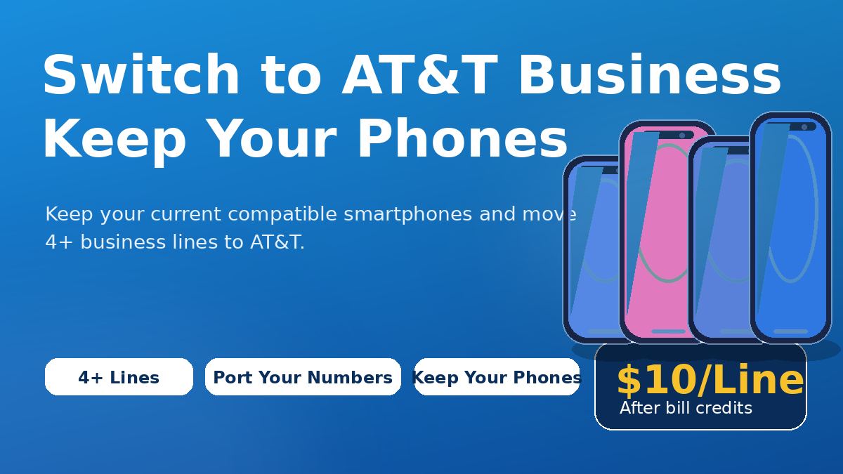 Blue AT&T Business featured image with smartphone illustrations, service-switch messaging, and a separate $10 per line pricing box.